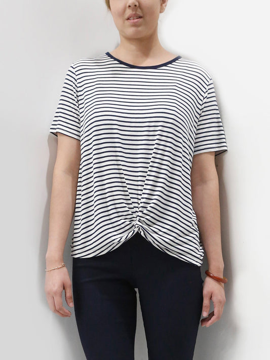 Stripe Short Sleeve Twist Front With Contrast Neck Binding